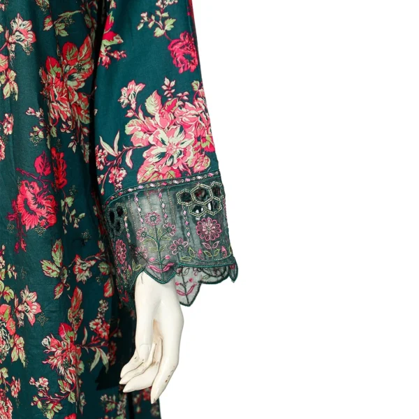 Close-up of cuffs and arm design on 3-Piece Deep Green Printed Lawn Dress PK-05