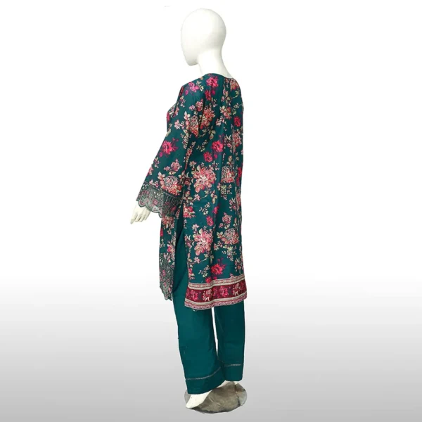 The backside of the 3-Piece Deep Green Printed Lawn Dress PK-05, showcasing the continuous floral print design.