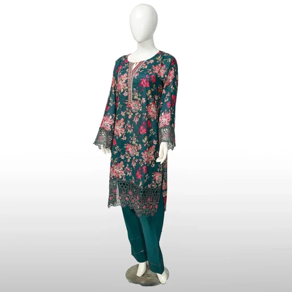 Full view of deep green printed lawn dress without dupatta