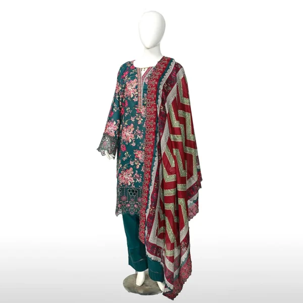 Full view of 3-Piece Deep Green Printed Lawn Dress PK-05