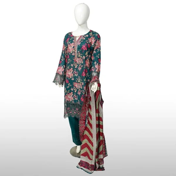 3-Piece Deep Green Printed Lawn Dress PK-05 on dummy, holding dupatta